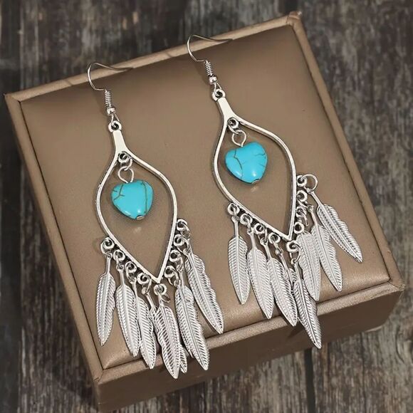 New - Boho Feather Tassel Heart Turquoise Dangle Earrings - Picture 3 of 9